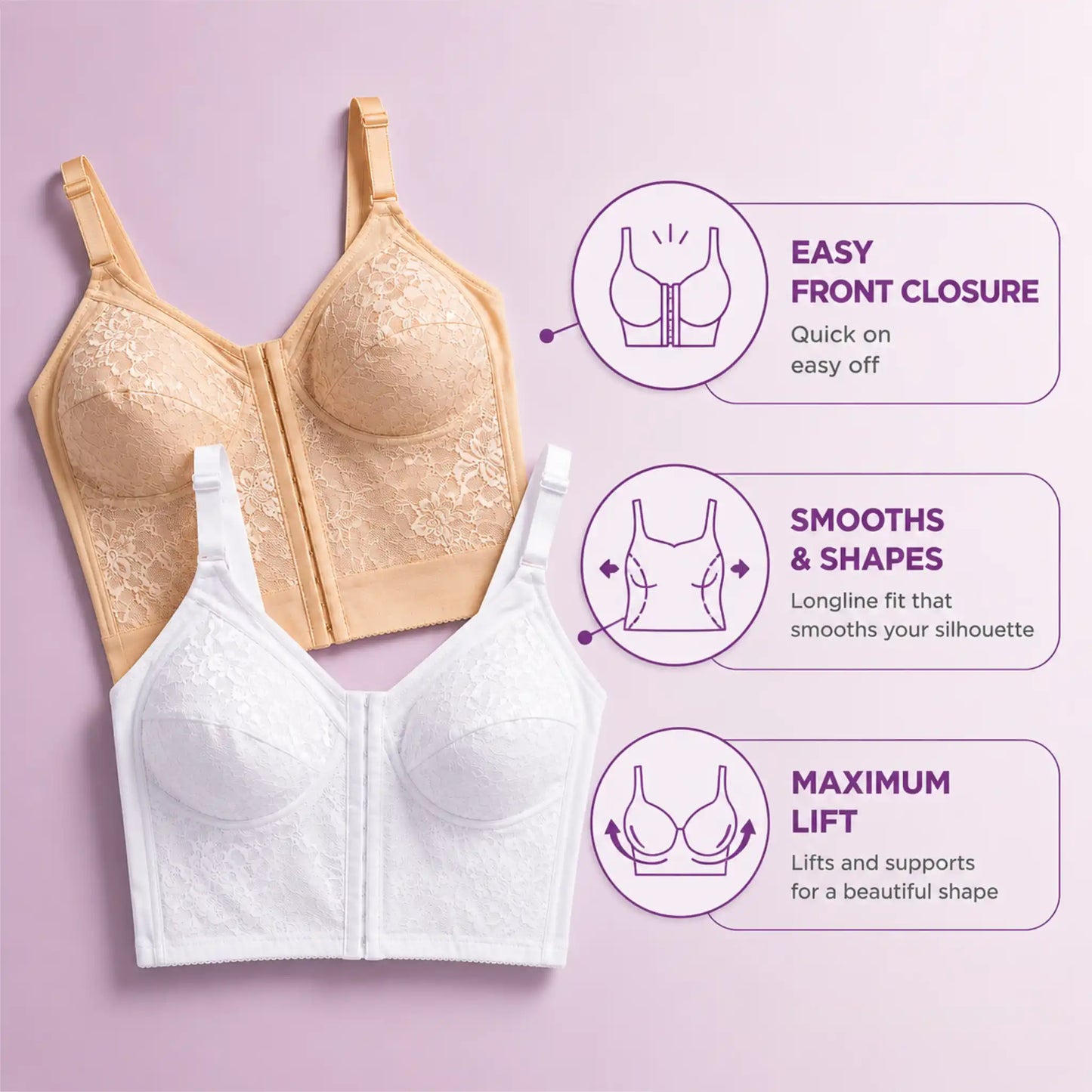 2-Pack Longline Front-Closure Smoothing Bra (Tummy Control) 1738